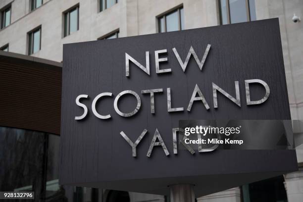 The Metropolitan Police's revolving sign their new headquarters at New Scotland Yard in Westminster, London. Scotland Yard is a metonym for the...