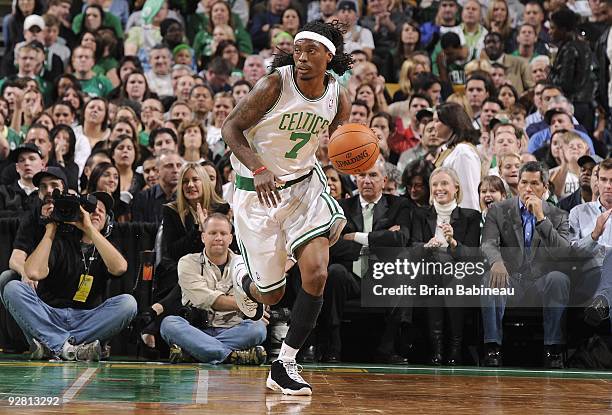 Marquis Daniels of the Boston Celtics moves the ball against the Chicago Bulls during the game on October 30, 2009 at the TD Garden in Boston,...