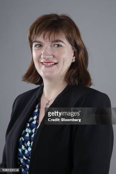 Nicky Morgan, U.K. Treasury committee chair and Conservative Party lawmaker, stands for a photograph following a Bloomberg Television interview in...