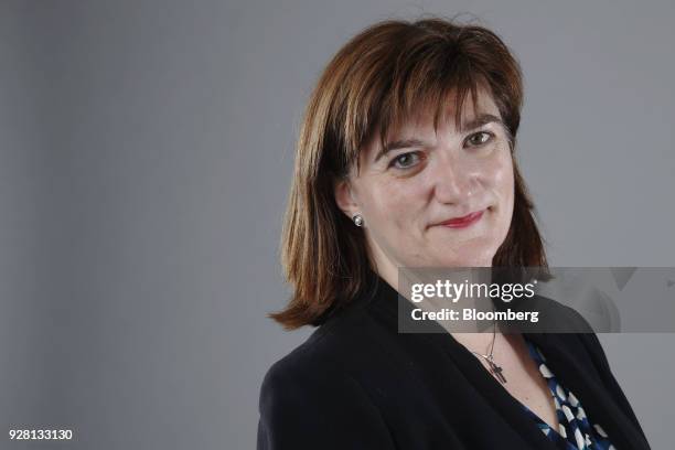 Nicky Morgan, U.K. Treasury committee chair and Conservative Party lawmaker, stands for a photograph following a Bloomberg Television interview in...