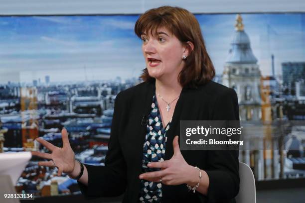 Nicky Morgan, U.K. Treasury committee chair and Conservative Party lawmaker, speaks during a Bloomberg Television interview in London, U.K., on...