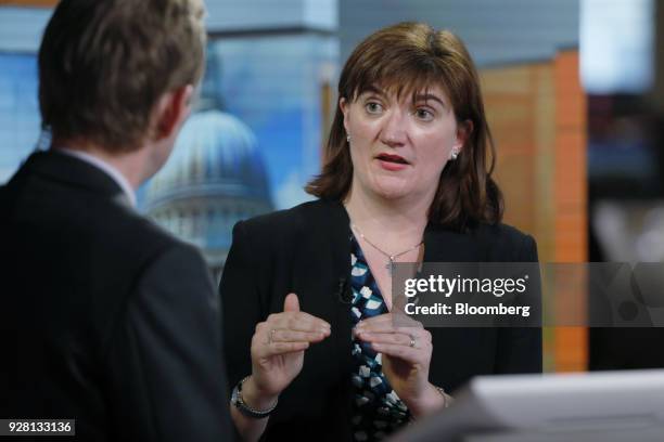 Nicky Morgan, U.K. Treasury committee chair and Conservative Party lawmaker, speaks during a Bloomberg Television interview in London, U.K., on...