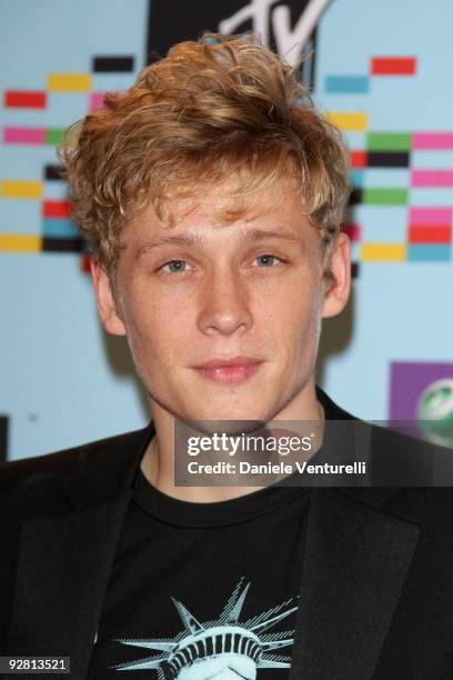 Actor Matthias Schweighoefer poses at the backstage boards during the 2009 MTV Europe Music Awards held at the O2 Arena on November 5, 2009 in...