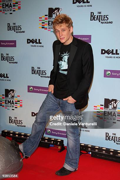 Actor Matthias Schweighoefer poses at the backstage boards during the 2009 MTV Europe Music Awards held at the O2 Arena on November 5, 2009 in...