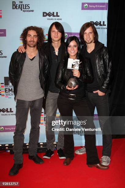 Andreas Nowak, Johannes Stolle, Stefanie Kloss and Thomas Stolle of Best Urban Act Silbermond pose at the backstage boards during the 2009 MTV Europe...