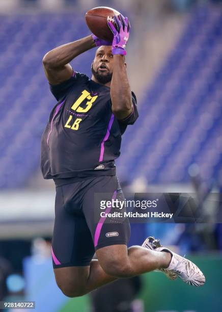 Alabama linebacker Rashaan Evans participates in a drill during the NFL Scouting Combine at Lucas Oil Stadium on March , 2018 in Indianapolis,...