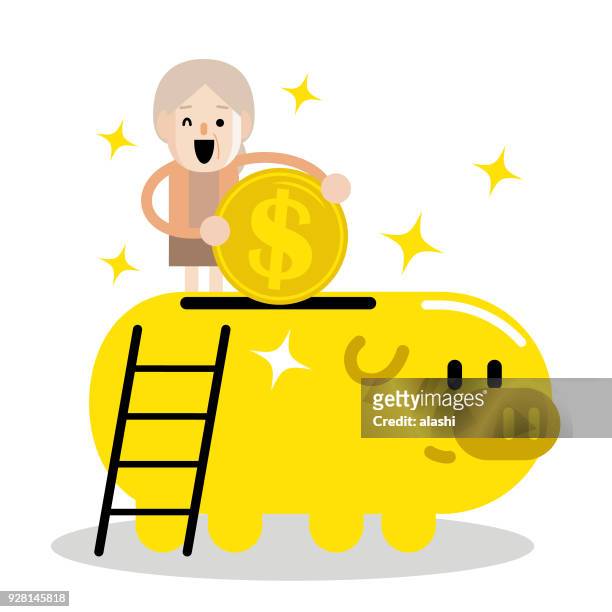 senior woman and retirement plan, elderly woman putting a large dollar sign coin currency into a piggy bank - positive healthy middle age woman stock illustrations