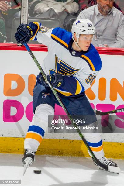 Nikita Soshnikov of the St. Louis Blues handles the puck against the Minnesota Wild during the game at the Xcel Energy Center on February 27, 2018 in...