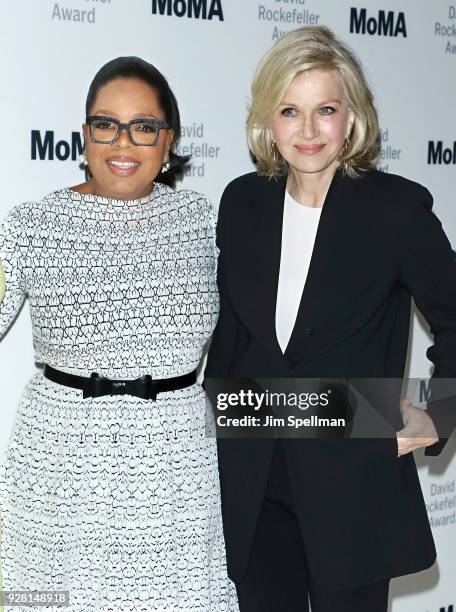 Oprah Winfrey and Diane Sawyer attend the 2018 MoMA David Rockefeller Award Luncheon Honoring Oprah at The Ziegfeld Ballroom on March 6, 2018 in New...