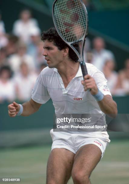 Andres Gomez of Ecuador in action during the Wimbledon Lawn Tennis Championships at the All England Lawn Tennis and Croquet Club, circa June, 1984 in...