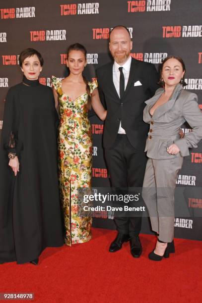 Dame Kristin Scott Thomas, Alicia Vikander, director Roar Uthaug and Jaime Winstone attend the European Premiere of "Tomb Raider" at Vue West End on...