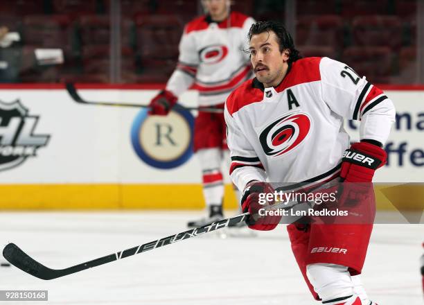 Justin Faulk of the Carolina Hurricanes warms up prior to his game against the Philadelphia Flyers on March 1, 2018 at the Wells Fargo Center in...