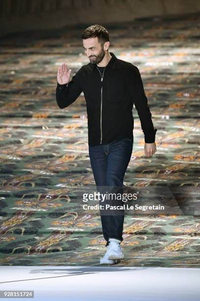 Designer Nicolas Ghesquiere acknowledges the applause of the audience after the Louis Vuitton show as part of the Paris Fashion Week Womenswear...