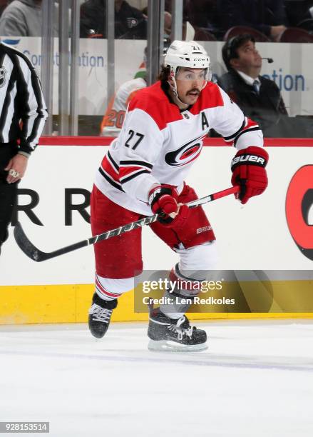 Justin Faulk of the Carolina Hurricanes in action against the Philadelphia Flyers on March 1, 2018 at the Wells Fargo Center in Philadelphia,...