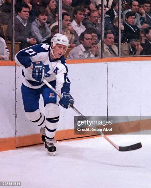 Borje Salming of the Toronto Maple Leafs skates against the Los Angeles Kings during NHL game action on March 17, 1986 in Maple Leaf Gardens,...