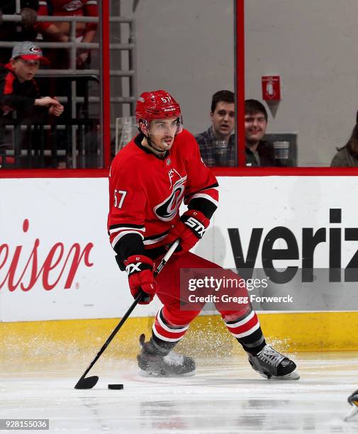 Trevor van Riemsdyk of the New Jersey Devils controls the puck on the ice during an NHL game against the New Jersey Devils on March 2, 2018 at PNC...