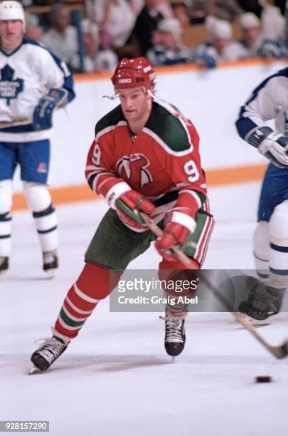 Kirk Muller of the New Jersey Devils skates against the Toronto Maple Leafs during NHL game action on March 22, 1986 at Maple Leaf Gardens in...
