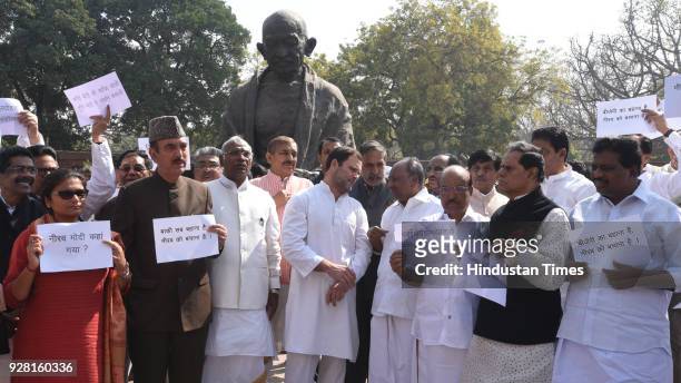 President of Indian National Congress and Lok Sabha MP Rahul Gandhi with Leader of the Opposition Lok Sabha Mallikarjun Kharge, Leader of the...