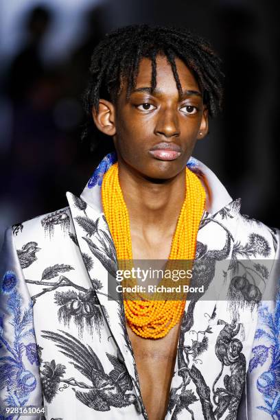 Model walks the runway during the Junko Shimada show as part of the Paris Fashion Week Womenswear Fall/Winter 2018/2019 on March 6, 2018 in Paris,...