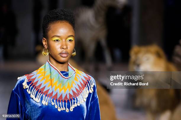 Model walks the runway during the Junko Shimada show as part of the Paris Fashion Week Womenswear Fall/Winter 2018/2019 on March 6, 2018 in Paris,...