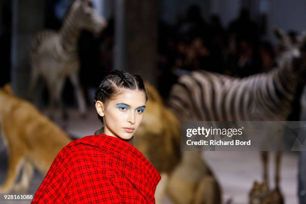 Model walks the runway during the Junko Shimada show as part of the Paris Fashion Week Womenswear Fall/Winter 2018/2019 on March 6, 2018 in Paris,...