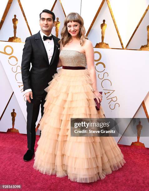 Kumail Nanjiani, Emily V. Gordon arrives at the 90th Annual Academy Awards at Hollywood & Highland Center on March 4, 2018 in Hollywood, California.