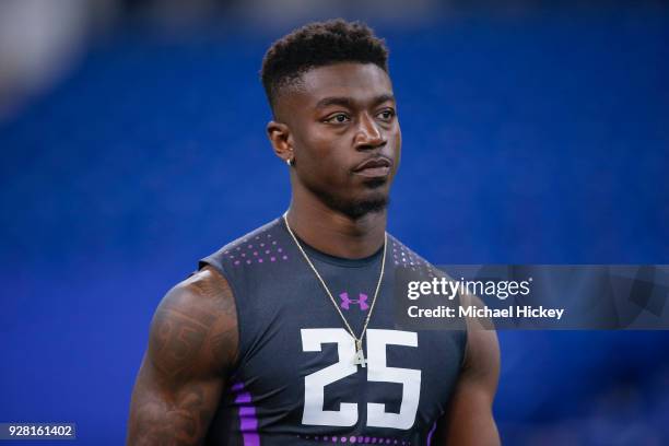 Florida State defensive back Tarvarus McFadden is seen during the NFL Scouting Combine at Lucas Oil Stadium on March 5, 2018 in Indianapolis, Indiana.