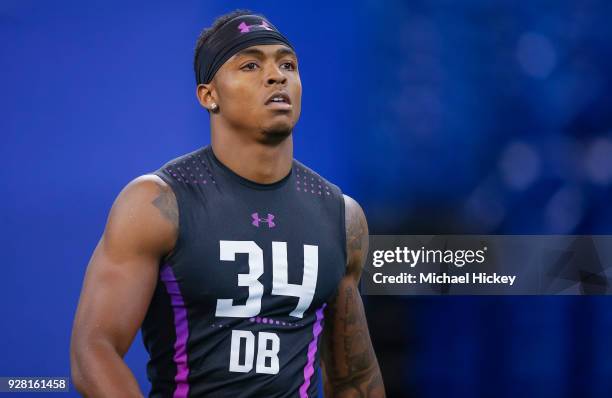 Virginia Tech defensive back Greg Stroman is seen during the NFL Scouting Combine at Lucas Oil Stadium on March 5, 2018 in Indianapolis, Indiana.