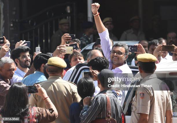 Karti Chidambaram, son of former Union Minister P Chidambaram at Patiala House Court during hearing in INX Media bribery case on March 6, 2018 in New...