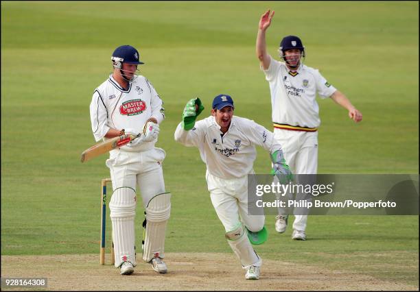 Kent batsman Rob Key is caught by Durham wicketkeeper Phil Mustard for 33 runs during the LV County Championship match between Kent and Durham at the...