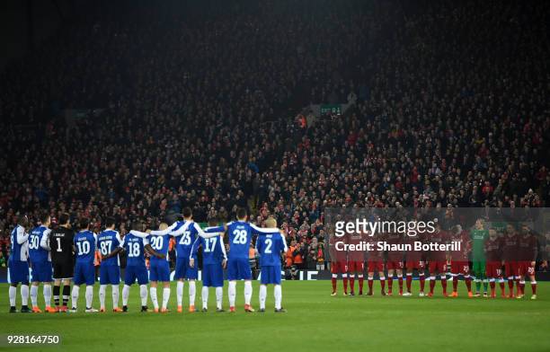 Players, Fans and officals take part in a minute of applause for Davide Astori who died this week during the UEFA Champions League Round of 16 Second...
