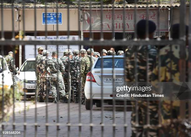 Security personnel at the Patiala House Court during hearing of case against Karti Chidambaram in INX Media bribery case on March 6, 2018 in New...