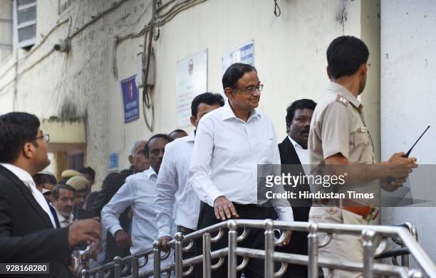 Former Finance Minister P Chidambaram arrives at Patiala House Court during hearing of case against his son Karti Chidambaram in INX Media bribery...