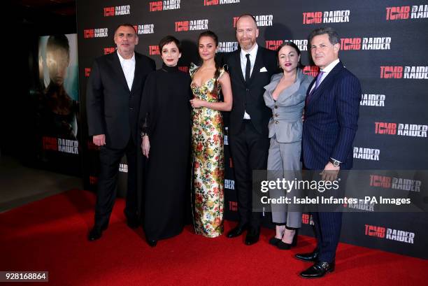 Graham King, Kristin Scott Thomas, Alicia Vikander, Roar Uthaug, Jaime Winstone and Josh Berger attending the Tomb Raider European Premiere held at...