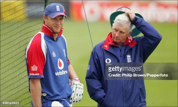 Andrew Flintoff of England and coach Duncan Fletcher during a nets session before the 3rd Test match between England and Sri Lanka at Trent Bridge,...