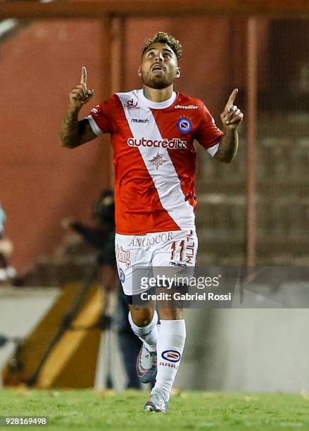 Damian Batallini of Argentinos Juniors celebrates after scoring the second goal of his team during a match between Argentinos Juniors and Boca...
