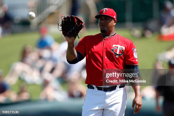 Adalberto Mejia of the Minnesota Twins pitches during the first inning of the Spring Training game against the Baltimore Orioles at Hammond Stadium...