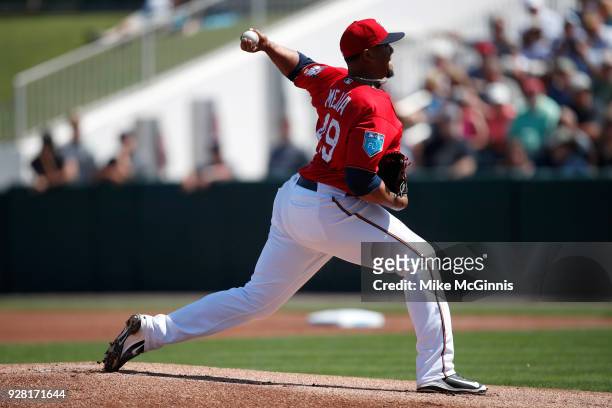 Adalberto Mejia of the Minnesota Twins pitches during the first inning of the Spring Training game against the Baltimore Orioles at Hammond Stadium...