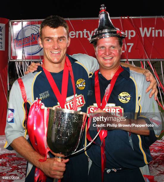 Ryan McLaren and Rob Key of Kent celebrate with the trophy after Kent won the Twenty20 Cup Final between Gloucestershire and Kent by 4 wickets at...