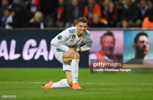 Cristiano Ronaldo of Real Madrid reacts during the UEFA Champions League Round of 16 Second Leg match between Paris Saint-Germain and Real Madrid at...