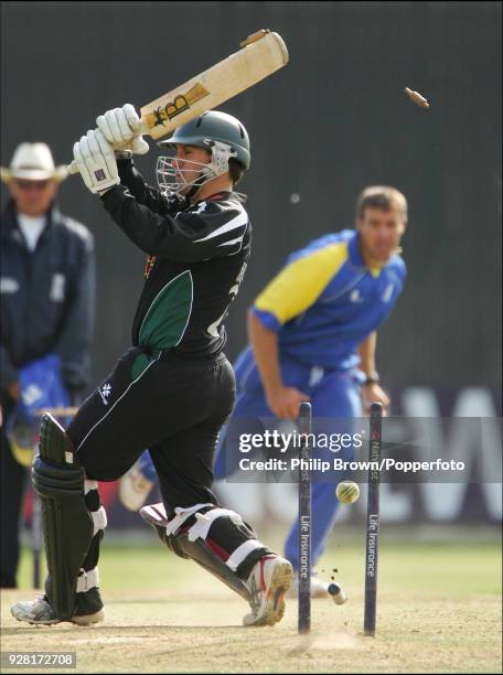 Daryl Mitchell of Worcestershire is bowled by Heath Streak of Warwickshire for 53 to end the Worcestershire innings during the NatWest Pro40 League...