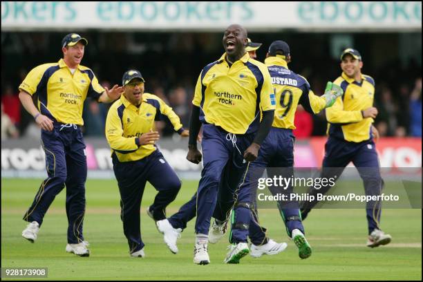 Ottis Gibson of Durham celebrates after taking the second of two wickets with the first two balls of the Hampshire innings in the Friends Provident...