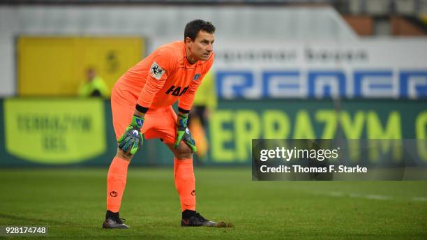 Goalkeeper Jan Glinker looks on during the 3. Liga match between SC Paderborn 07 and 1. FC Magdeburg at on March 6, 2018 in Paderborn, Germany.