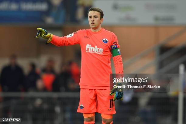 Goalkeeper Leopold Zingerle of Paderborn reacts during the 3. Liga match between SC Paderborn 07 and 1. FC Magdeburg at on March 6, 2018 in...