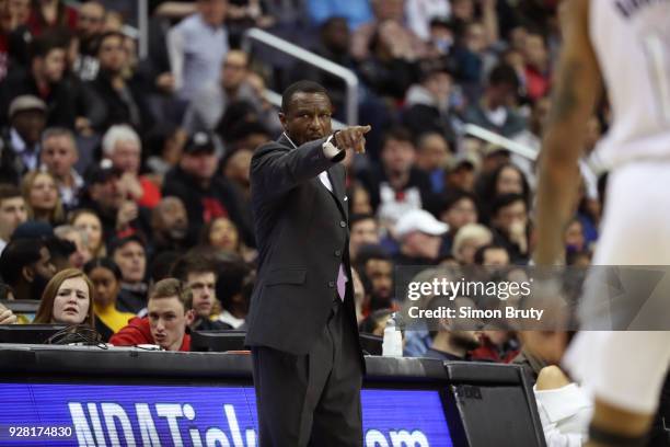 Toronto Raptors head coach Dwane Casey upset on sidelines during game vs Washington Wizards at Verizon Center. Washington, DC 3/2/2018 CREDIT: Simon...