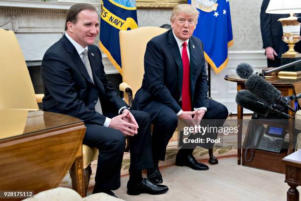 President Donald Trump speaks to the media during a meeting with Swedish Prime Minister Stefan Lofven in the Oval Office of the White House March 6,...