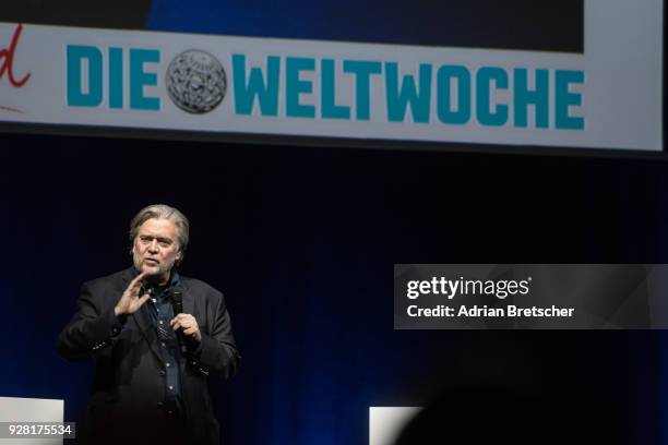 Steve Bannon, the former chief strategist for U.S. President Donald Trump, speaks at an event hosted by the weekly right-wing Swiss magazine Die...