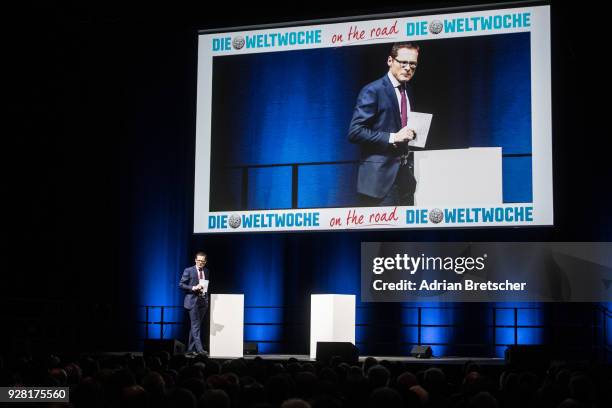 Roger Koeppel, editor-in-chief of the right-wing Swiss weekly magazine Die Weltwoche, speaks at an event hosting Steve Bannon, the former chief...