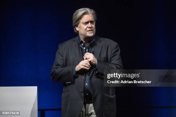 Steve Bannon, the former chief strategist for U.S. President Donald Trump, speaks at an event hosted by the weekly right-wing Swiss magazine Die...