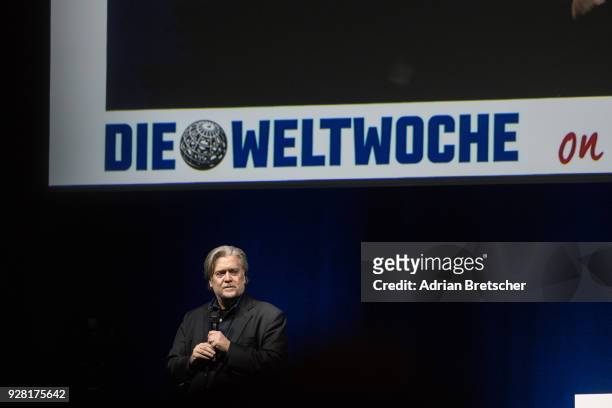 Steve Bannon, the former chief strategist for U.S. President Donald Trump, speaks at an event hosted by the weekly right-wing Swiss magazine Die...
